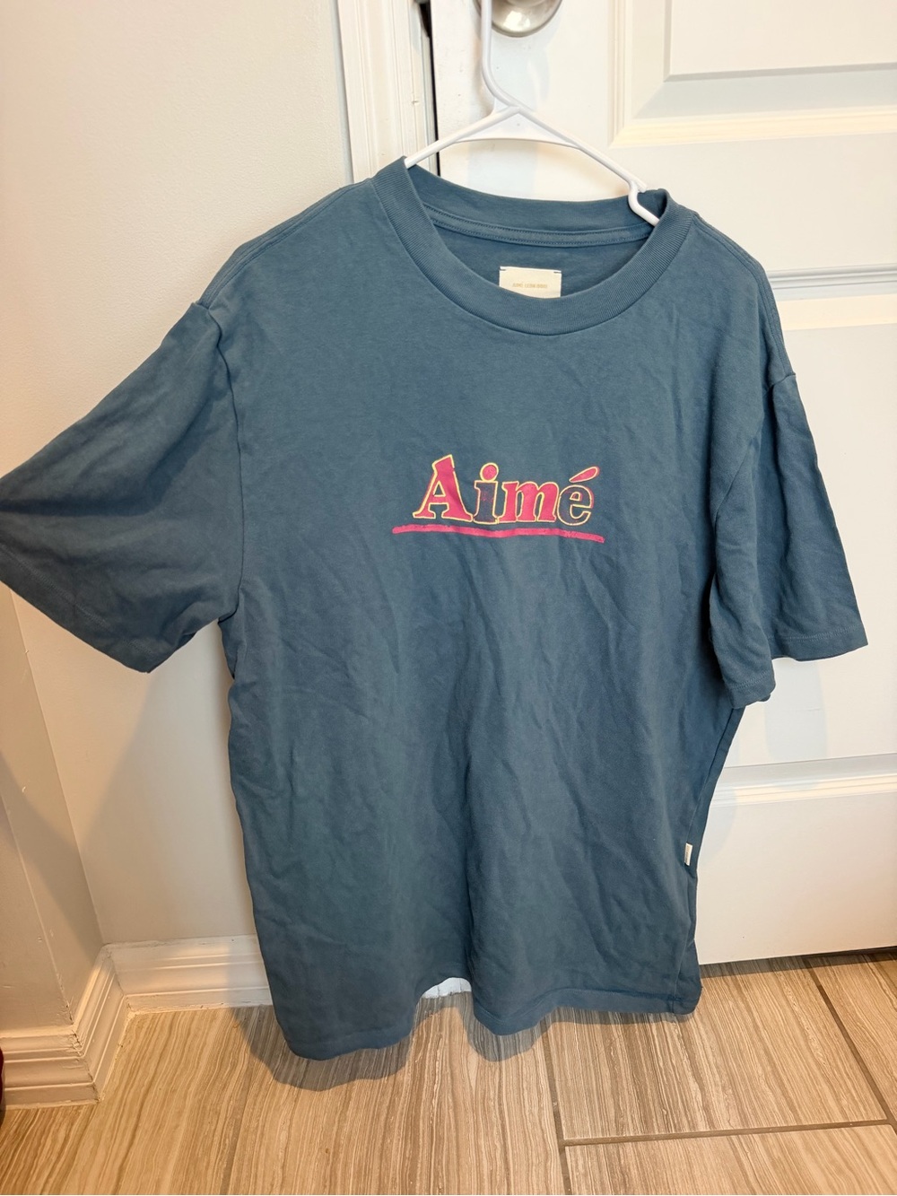 Aime Leon Dore Slate Blue Tee with Pink and Yellow Logo
